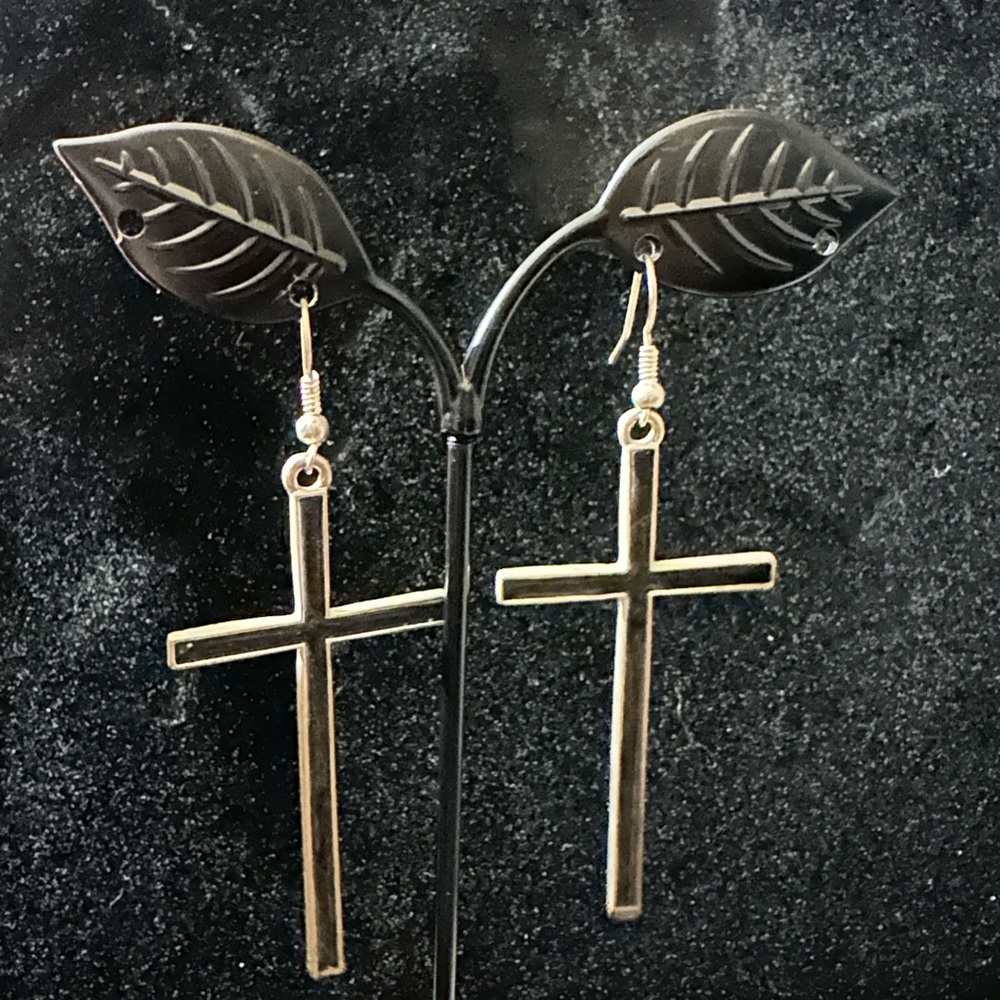 Elegant Silver and Black Cross Earrings
